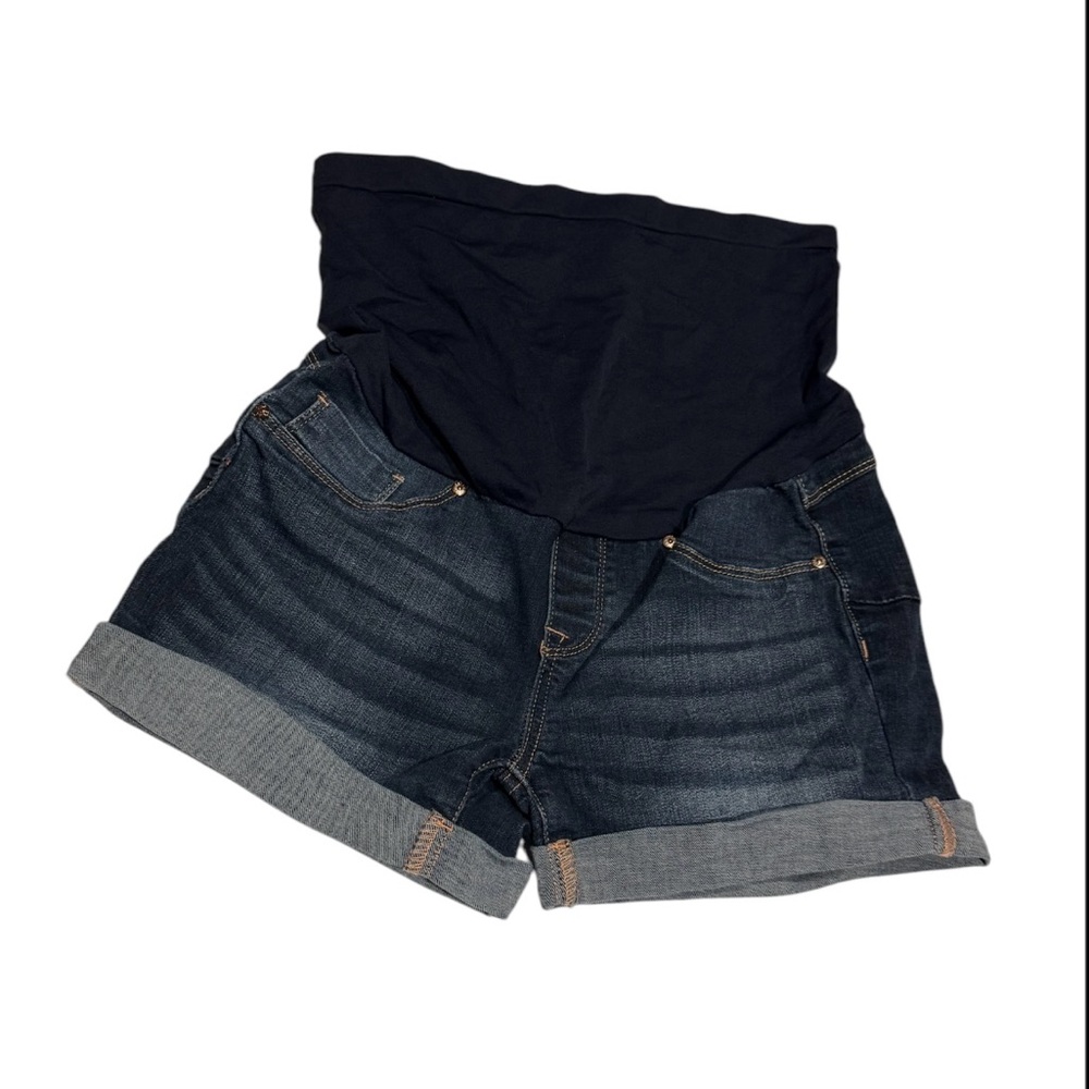 Bella Vita Dark Blue Denim Maternity Jean Shorts with Black Waistband